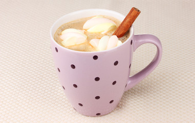 Cup of cappucino with marshmallows and cinnamon