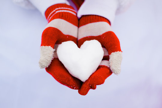 Red Gloves Hold White Snow Heart.