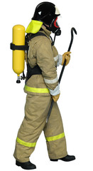 Firefighter breathing apparatus with a crowbar in his hand