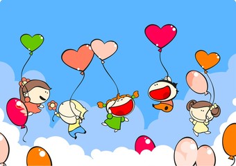 Funny kids in the air with balloons