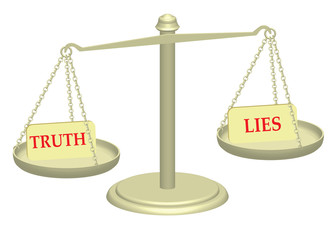 Truth and Lies on justice scales illustration