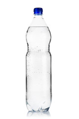 Plastic bottle of iced mineral water with bubbles on white