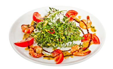 shrimps cocktail appetizer on brown towel with lemon and cherry