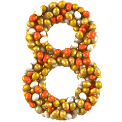 Number eight made of Easter Eggs. Isolated on white. 3d render