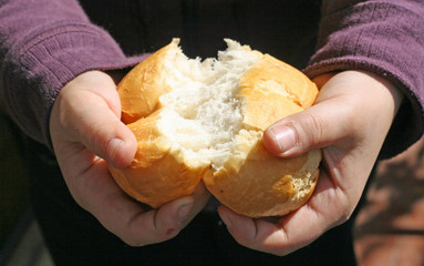 child who breaks a piece of bread with hands