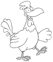 Outlined Happy Rooster Walking And Waving