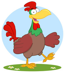 Happy Brown Colorful Rooster Walking And Waving