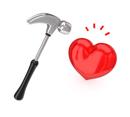 Big chromed hammer hitting a red heart.
