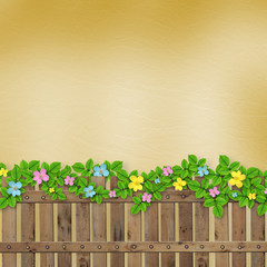 Wooden fence with a flower garland on the abstract background of