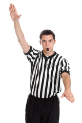 Teen basketball referee giving violation sign