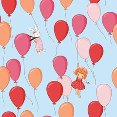 Endless pattern. Bunny, girl, balloons.