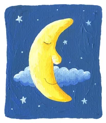 Foto op Canvas Sleepy Moon en de sterren op de blauwe achtergrond © andreapetrlik