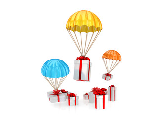 Gift boxes flying with a colorful parachutes.
