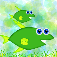 Ecology concept-Two green fishes in filthy water
