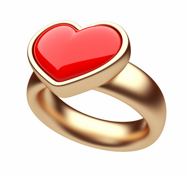Gold ring with red heart 3D. Love concept. Isolated on white bac