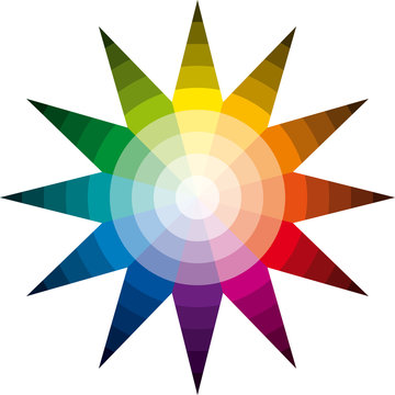 Color star. Twelve basic colors in a circle, forming a star, graduated from the brightest to the darkest color. Illustration on white background. Vector.