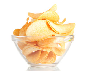 Delicious potato chips in bowl isolated on white