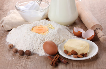 Ingredients for the dough wooden table