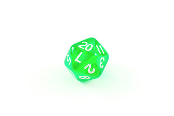 Photo of a translucent green twenty-sided die, on white