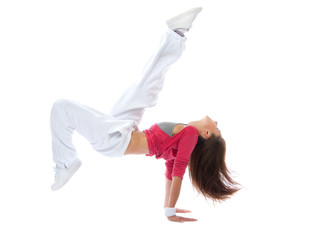 Woman dancer jump acting like hit soccer ball