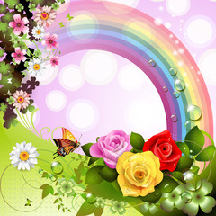 Springtime background with flowers and butterflies