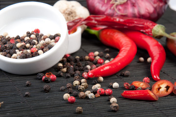 Different spices on a wooden table