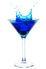 Blue Cocktail with cherry splash isolated on white