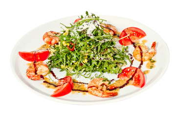 shrimps cocktail appetizer on brown towel with lemon and cherry