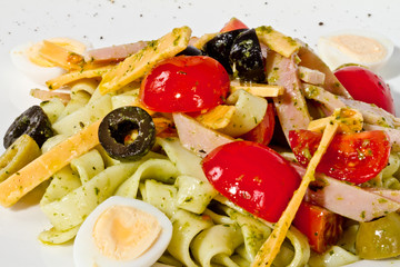 photo of delicious pasta (tagliatele) with bacon and tomatoes