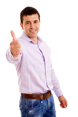 Happy casual young man showing thumb up and smiling isolated on