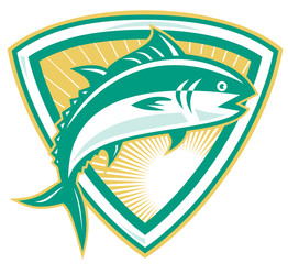 Bluefin Tuna Fish Jumping With Shield Retro