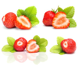 Strawberry set macro with leaves isolated on white