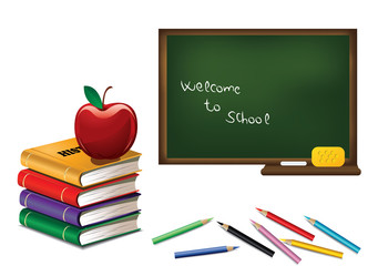 Back to school. Green desk with