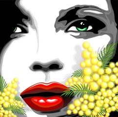 Viso Bella Donna e Mimosa-Woman Girl's Face and Mimosa