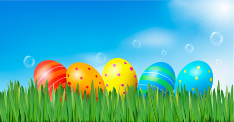 Easter background  Easter eggs laying in green grass