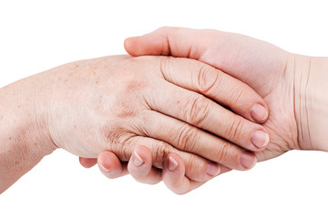Old and young hand, isolated on white