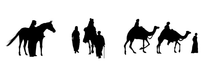 Fototapeta na wymiar karawana wielbłądów, koni i ludzi