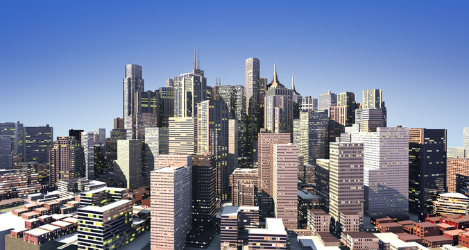 Modern cityscape in daylight, but with also artificial lights on