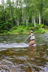 Fototapeta premium Fisherman catches of salmon