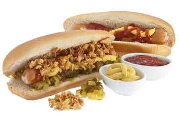 Hot Dog with sauces in bowls (clipping paths)