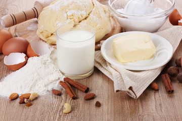 Ingredients for the dough wooden table