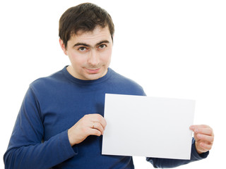 Smiling business man displaying blank card.