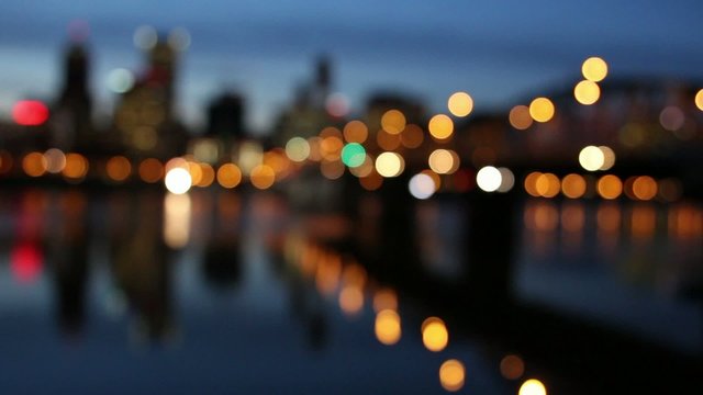 Portland Oregon Downtown City Skyline at Blue Hour with Bokeh