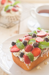 Lemon Cake topped with whipped cream, fresh fruits and mint