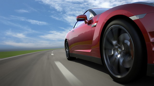 Red sport car moving on the road, loop-ready