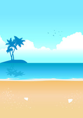 Fototapeta na wymiar Beach with small island with palm trees on it