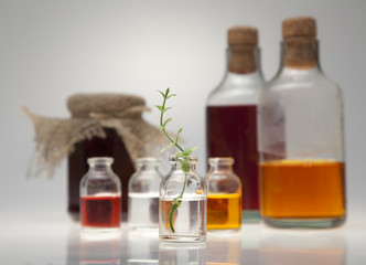 Small bottle with a green branch on a grey table