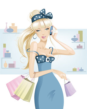 blonde woman shopping blue dress phone clip art preview