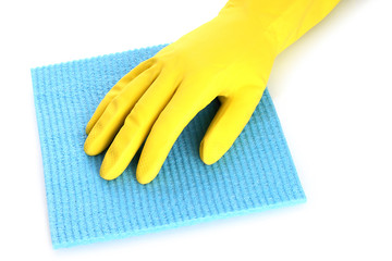 Hand with rubber glove and cleaning sponge on white background