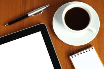 Touch screen device, notepad, pen and cup of coffee